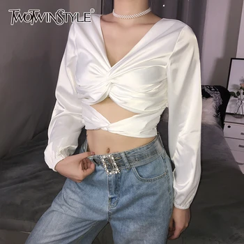 

TWOTWINSTYLE Sexy Hollow Out Women Party T-shirt V Neck Lantern Long Sleeve Tunic Short T Shirt Female Fashion Clothing 2020 New