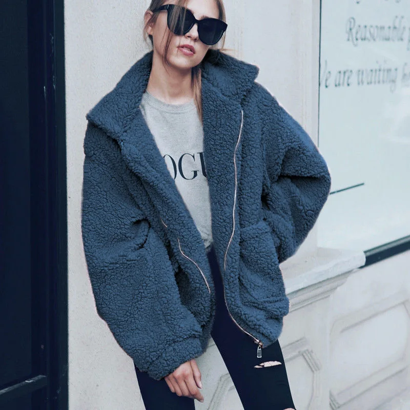 Новое однотонное пальто для женщин, осенне-зимняя куртка с отворотом, свободная плюшевая одежда, Женский Повседневный джемпер на молнии, смешанное пальто из искусственного меха для девушек