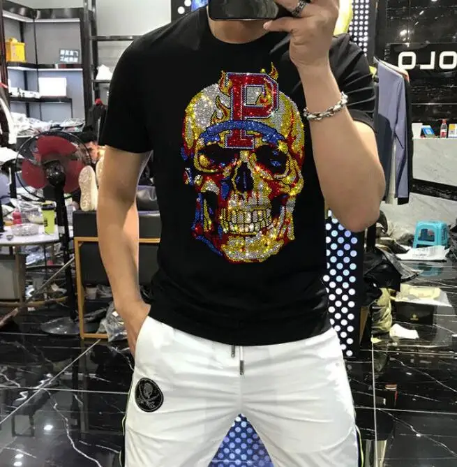 

Rhinestones europe design Skull T Shirts Men Fashion Streetwear O Neck Short Sleeve Slim hot sale Cotton Tshirts 5XL