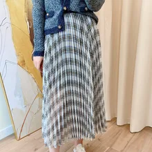Женская плиссированная клетчатая юбка, эластичная высокая талия, выше колена,, весна-осень, женские длинные юбки
