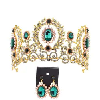 

Baroque Women Rhinestone Faux Pearl Crown Tiara Earrings Wedding Jewelry Set