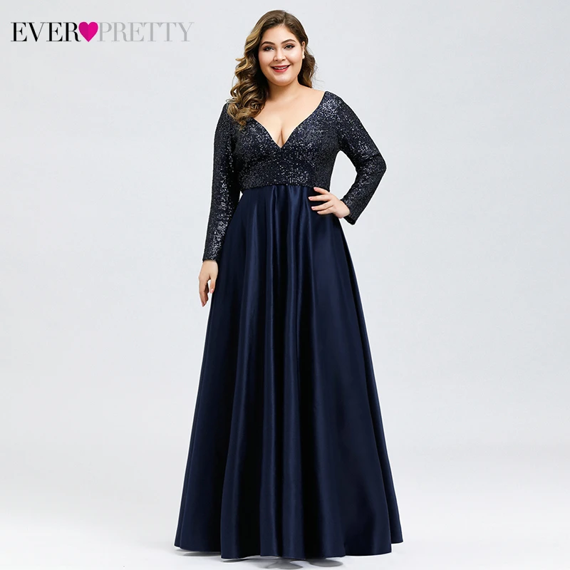 

Plus Size Evening Dresses Long Ever Pretty Sequined A-Line Deep V-Neck Full Sleeve Sexy Satin Formal Party Gowns Robe De Soiree