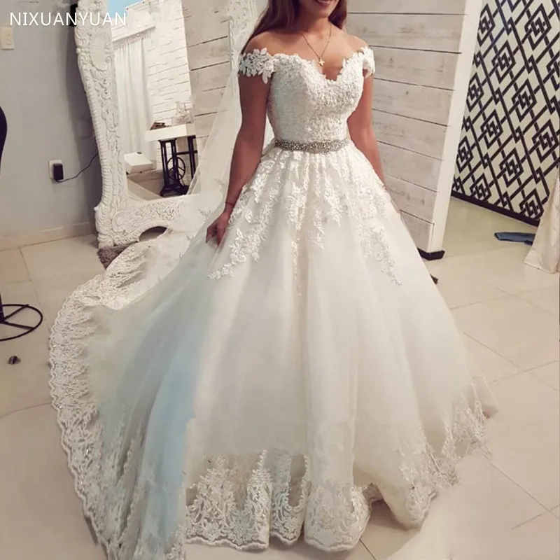 Big Promo Robe De Mariage Off Shoulder Princess Wedding Dresses With Crystal Belt 2020 Lace Applique Vestido De Novia Bridal Gowns