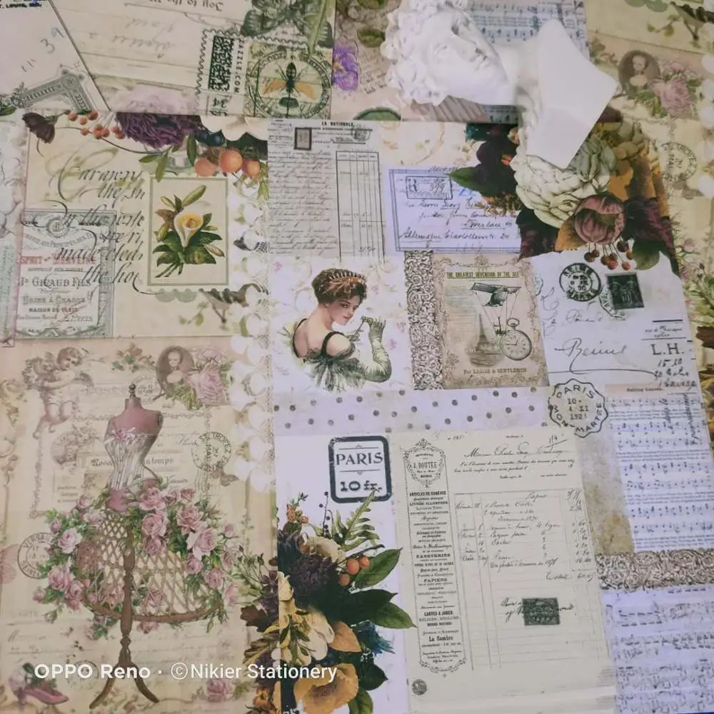 

16PCS Retro English Ticket Background Illustration Material Vintage Flower Stamp Woman Deco DIY Scrapbooking Planner Diary Album
