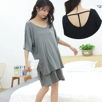 

2020 Plus Size Short Skirt Pajamas Two-piece Female 200 Jin Fat Mm Backless Modal Short-sleeved Suit Leisure Tops Summer 1-3cm