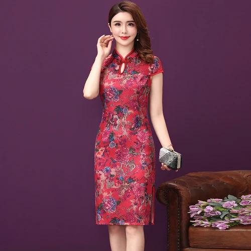 

2019 Summer New Fashion Cheongsam Invisible Zipper Fine Printed Large Size Elegant Woman Noble Wedding Slim Female Silk Dresses