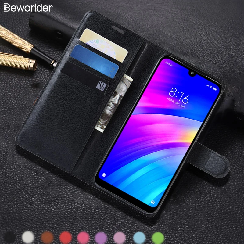 Кожаный чехол для Xiaomi Redmi 7 из искусственной кожи мягкий ТПУ с отделениями карт