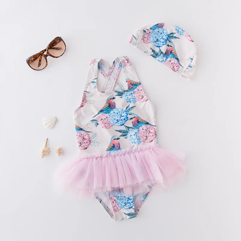 

KID'S Swimwear GIRL'S One-piece Swimming Suit Flower Bird Mesh Dress Triangle Swimwear Vest Exposed Back with Cap 2 Pieces