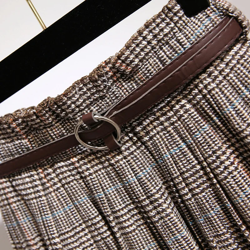 Повседневная клетчатая юбка миди с принтом Женская Осенняя зимняя эластичная высокая талия размера плюс элегантная трапециевидная большая плиссированная юбка с поясом