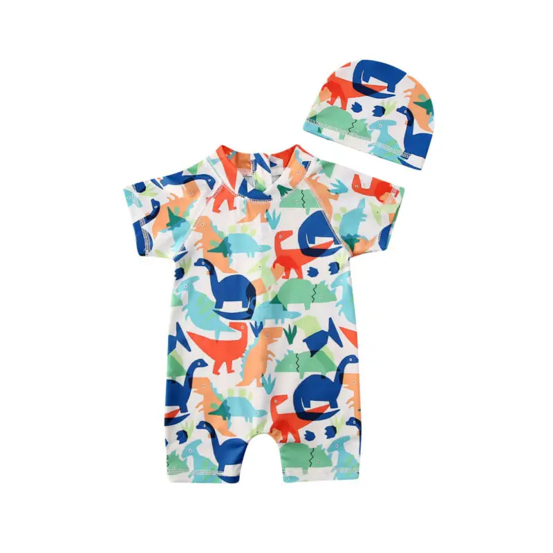 Kids Boy Swimming Suits One Piece Dinosaur Printed Baby Boys Swimwear Rash Guards Beach Suit Summer Short Sleeve Bathing | Спорт и