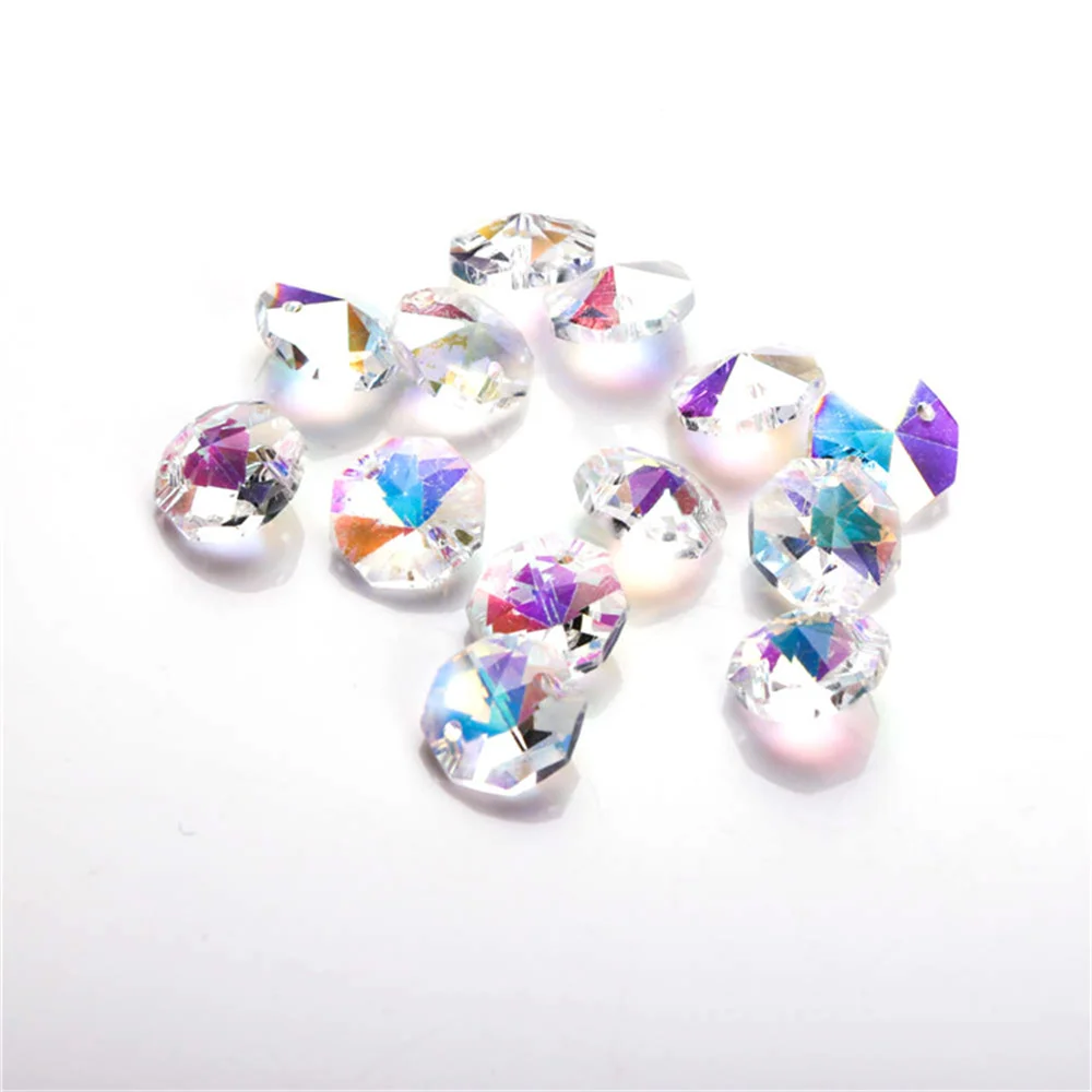 

AB Color 10 Pieces 14mm Crystal Octagon Bead With Two Holes Feng Shui Glass Prism Beads For Chandelier Suspension