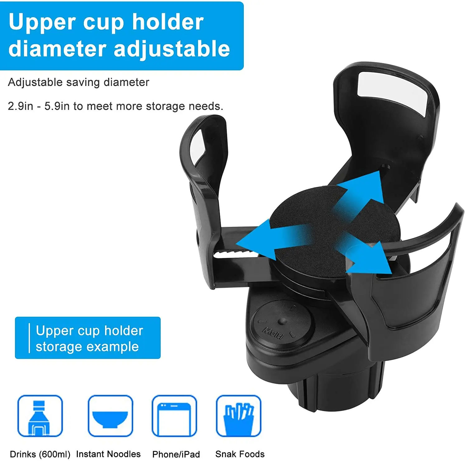 2 In 1 Car Cup Holder Expander Adapter 360 Degree Rotating Water