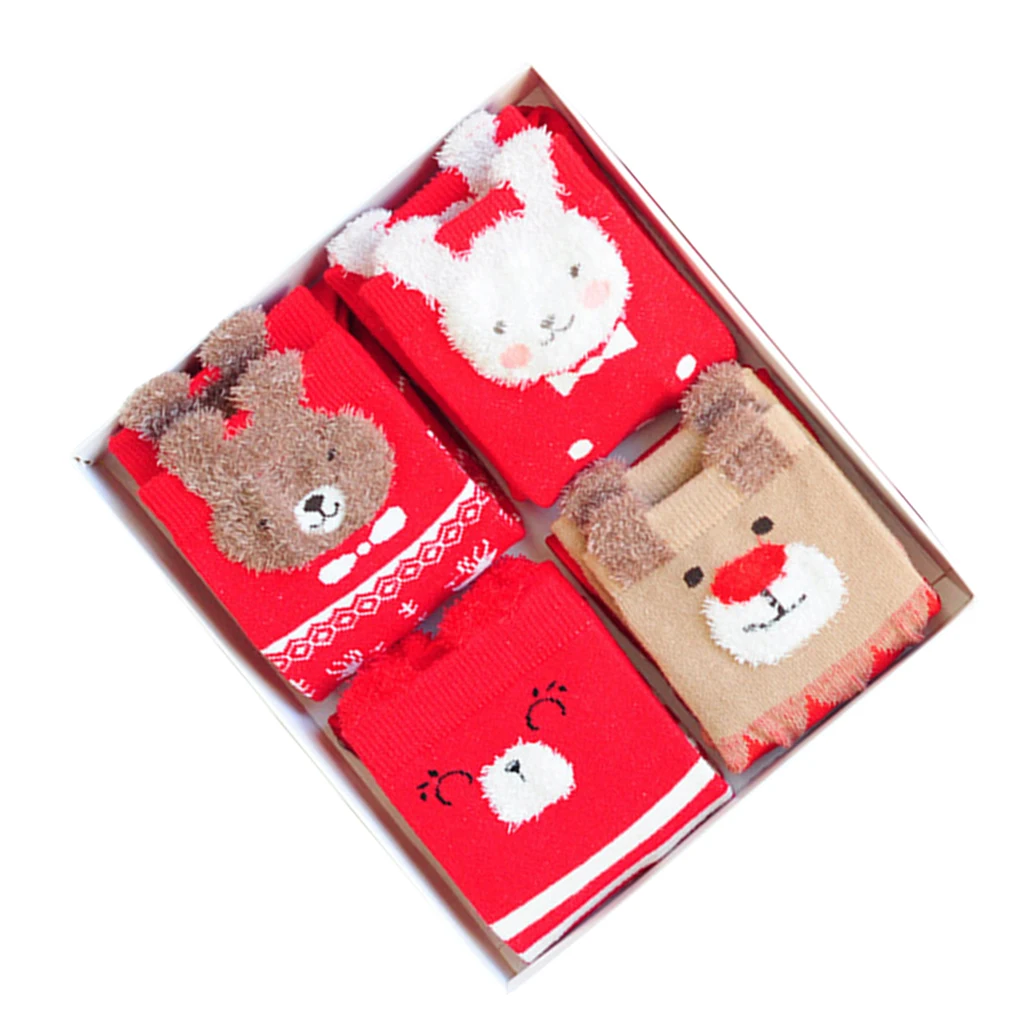4 Pairs Cute Children Cartoon Printed Animal Socks Breathable Kids Mid Calf High Socks Christmas New Year Gift