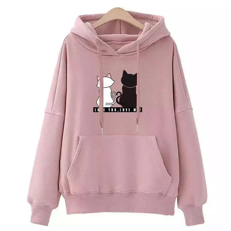 Sudadera con capucha de manga larga para Mujer, ropa de calle con capucha Harajuku, Sudadera con estampado de gato, otoño