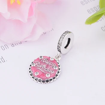 

925 Silver Flower Happy Birthday Pink Enamel Zirconia Bead Fit Original Pandora Charm Bracelet For Making Women Berloque 2020