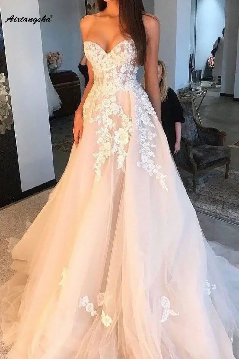 

Light Pink Sweetheart Boho Wedding Dresses 2019 A-Line Vestido De Noivas Tulle Appliqued Lace Bride Dress