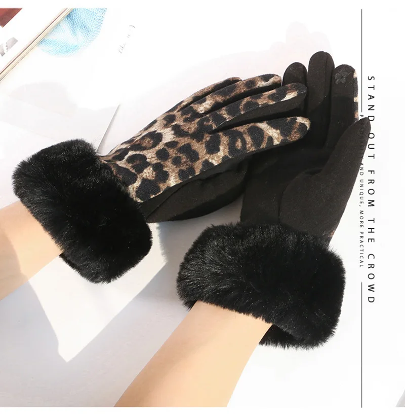 Женские лыжные перчатки с леопардовым принтом, с сенсорным экраном, зимние женские теплые кашемировые перчатки с имитацией кроличьего меха, с манжетами, D69
