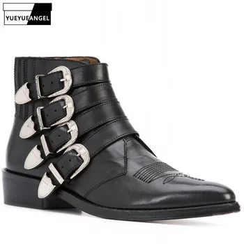 

Runway Mens Buckle Cowboy Boots Top Quality Cowhide Real Leather Riding Chelsea Boots Pointed Toe Med Heels Biker Safety Shoes