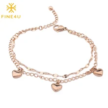 FINE4U B293, двухслойный браслет-цепочка из нержавеющей стали, розовое золото, милый очаровательный браслет в виде сердца для женщин и девочек