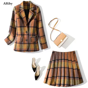 

ARiby Two Peice Skirt Suit 2020 Early Spring Women's New British Style Pattern Suit Turn Collar Coat + Pleated Wool Skirt Suit