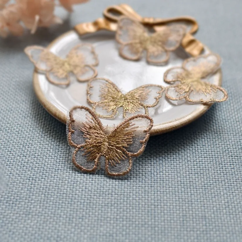 Vibrant Gold Thread Embroidered Butterfly Patches - Set of 10 in 14 Colors for Garment Embellishment
