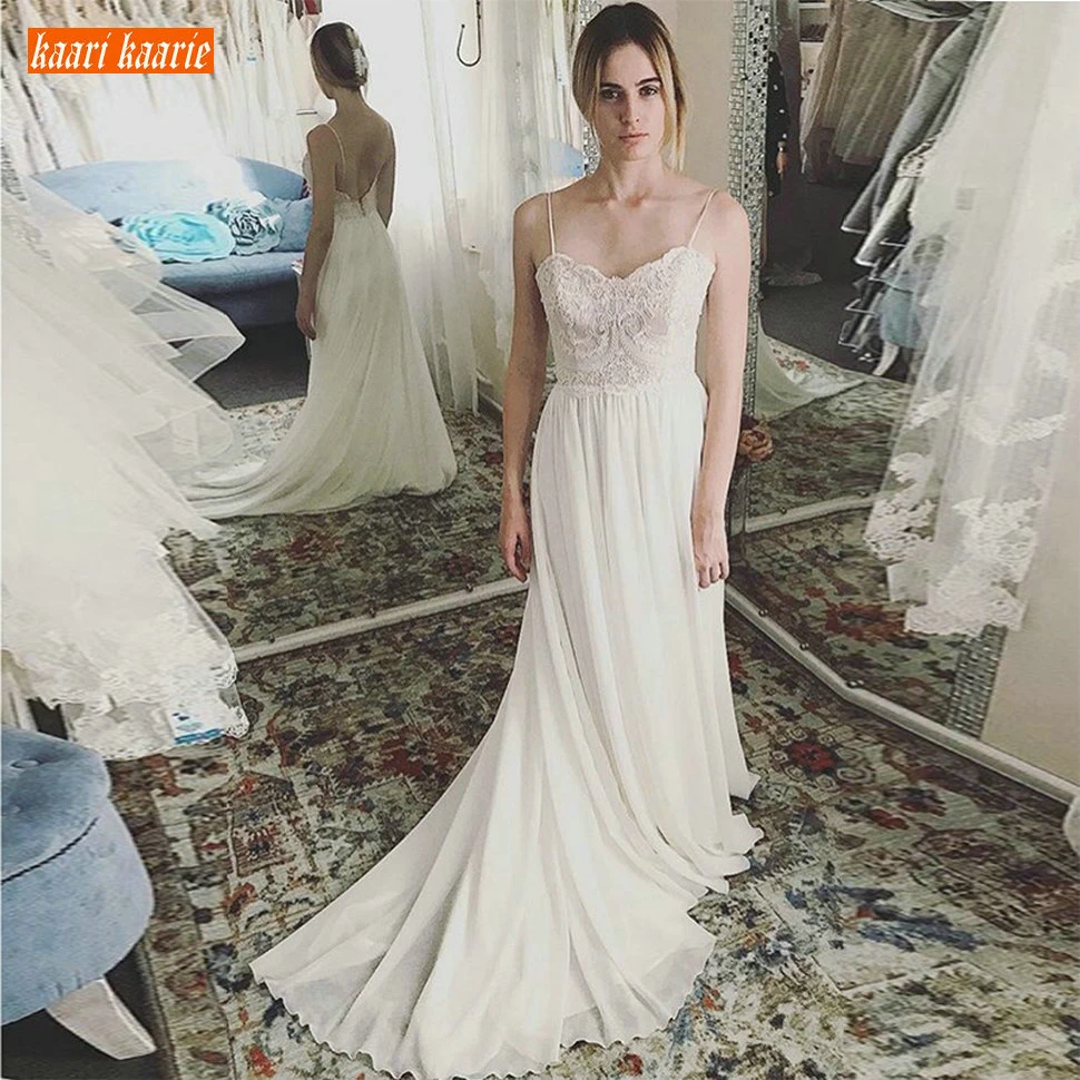 

Romantic Boho Chiffon Beach Wedding Dress Spaghetti Straps Applique Lace Backless Wedding Gowns Sweep Train A Line Bride Dresses