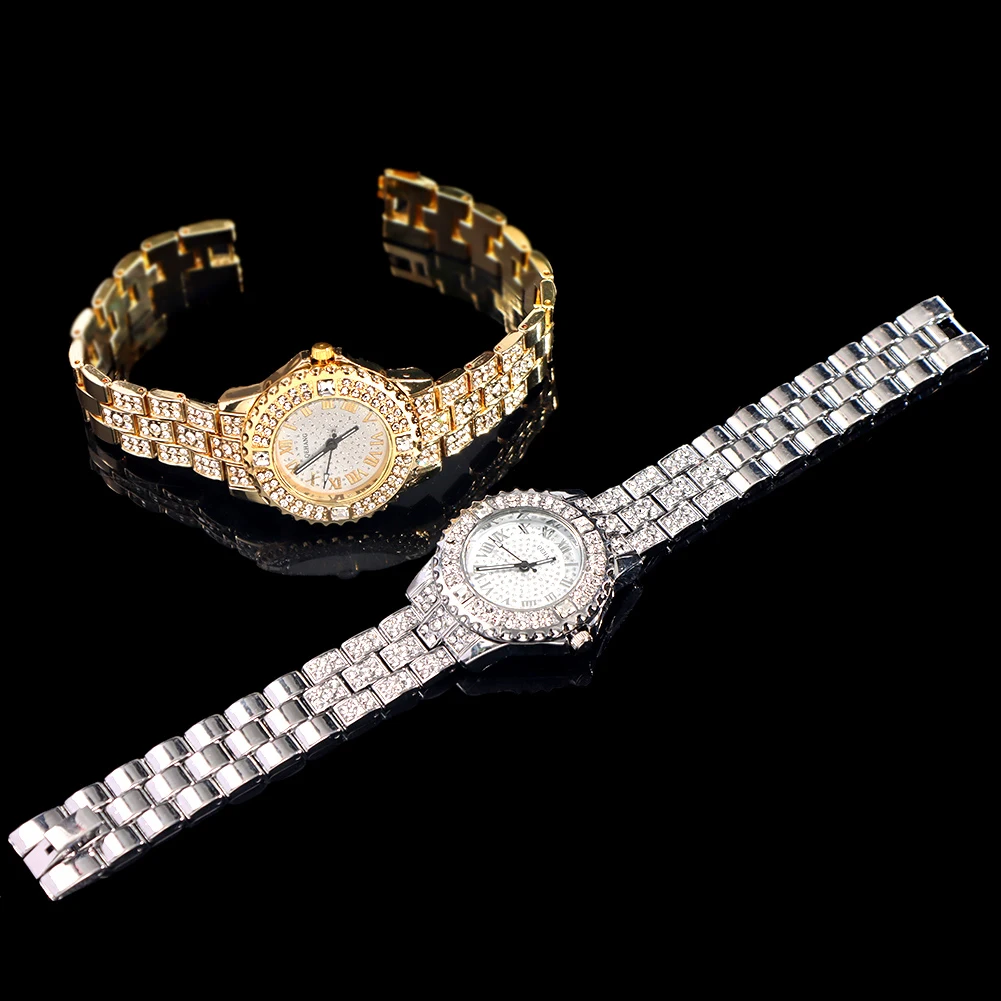 Luxury Women Iced Out Watches Gold Silver Color Cuban Chain Bracelet Watches Full Rhinestone Wrist Watch Men Fashion Jewelry