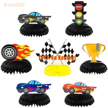 Décorations de centres de table en forme de nid d'abeille, voiture de course, 3D, Double face, Toppers de gâteaux, accessoires de stand Photo, fournitures de fête pour garçons et enfants, 7 pièces/ensemble