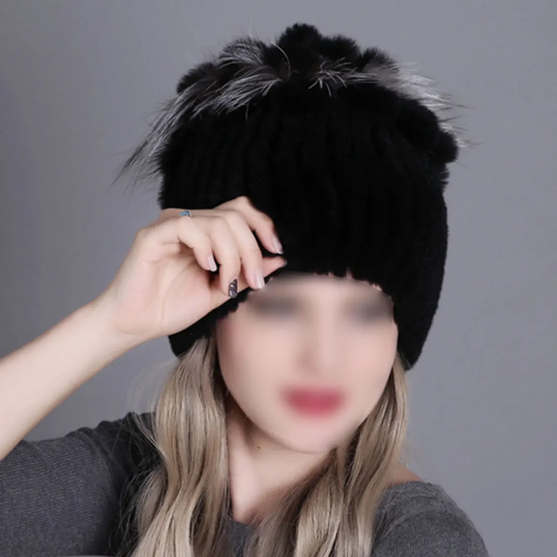 Winter knitted beanie hat warm thick autumn and winter round hat rabbit fur knitted hat women fur real wool warm