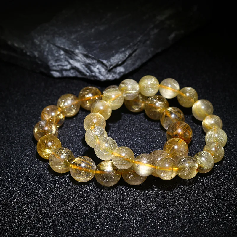 Natural Genuine Titanium Gold Hair Rutile Quartz  Stretch Bracelet Round Beads 8-14mm