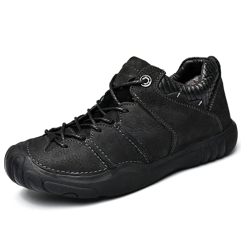 New Genuine Leather Hiking Shoes Men Winter Fur Outdoor Waterproof Trekking Shoes Mens High Quality Hard-Wearing Woodland Shoes