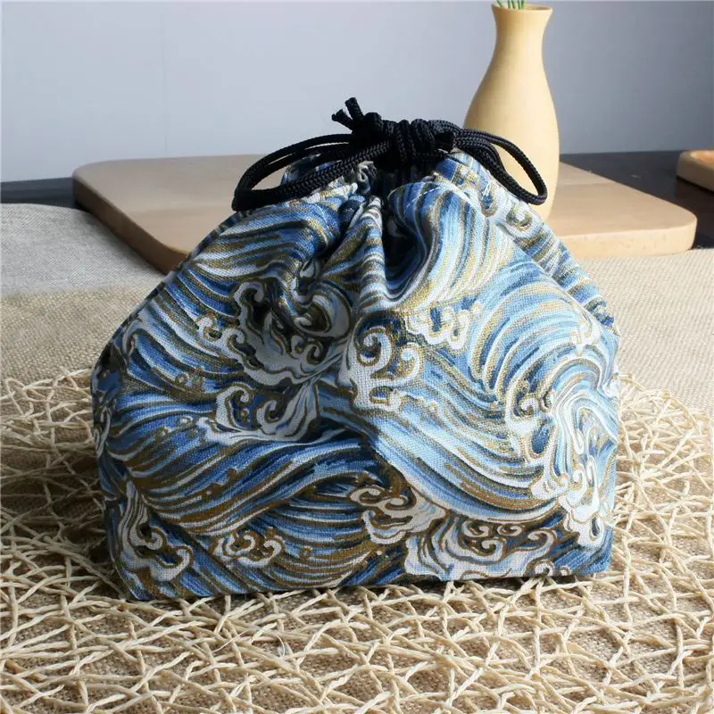 

PACGOTH Vintage Japan Style Blue Wave Pattern Canvas Drawstring Lunch Bag Fresh Insulation Cold Bales Thermal Pouch Storage Box