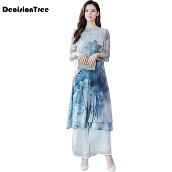 

2020 vietnam aodai vietnam clothing dress asian clothes chinoise modern cheongsam folk style floral print ao dai set