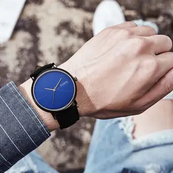 

Fashion Business Men's Watch Temperament High-end No Number Analog Big Round Dial Faux Leather Band Analog Men Quartz Wristwatch