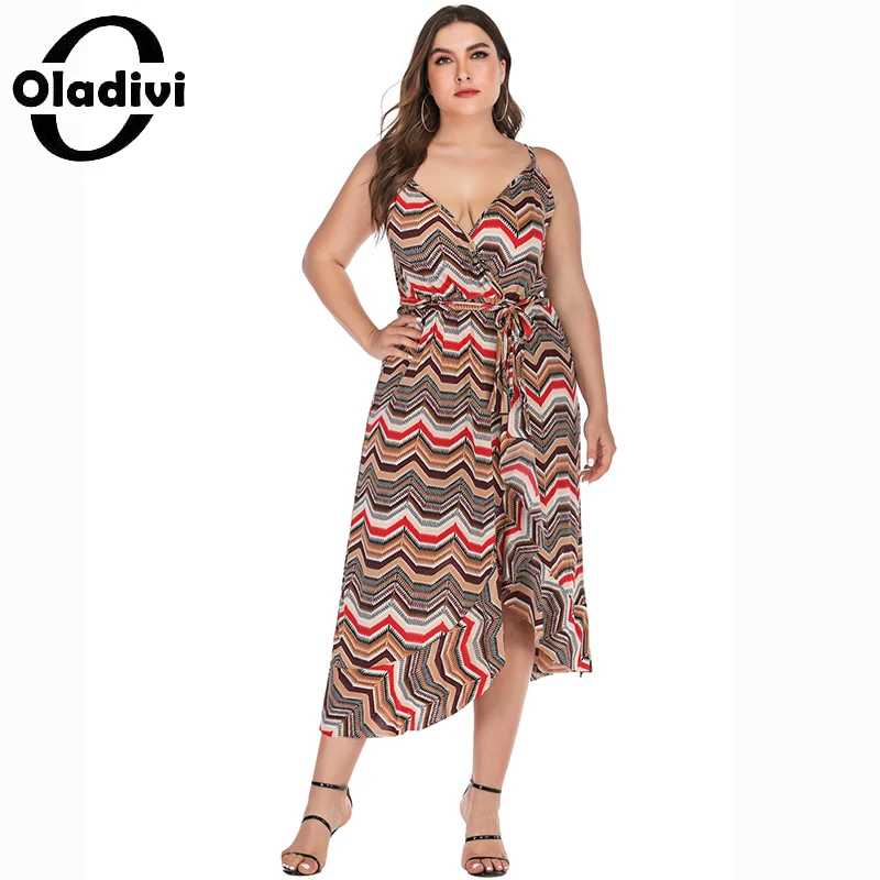 

Oladivi Plus Size Women Sleeveless Suspender Dress Sexy Lady Beach Wear Summer Holiday Boho Dresses Irregular Sundress Robe 068