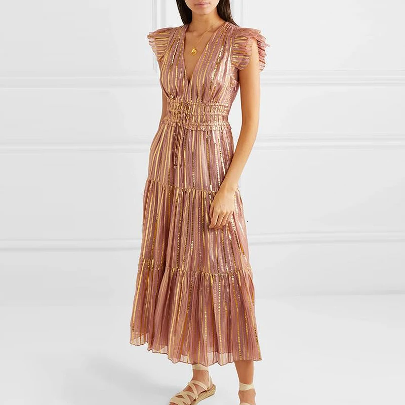 主 (2).jpg TWOTWINSTYLE Sexy Striped Women Dress V Neck Butterfly Sleeve High Waist Lace Up Tunic Ruched Winter Dress Fashion Clothing New