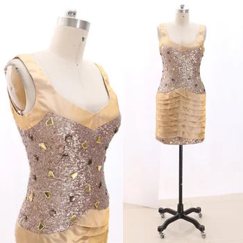 

MACloth Gold Pencil V Neck Knee-Length Short Crystal Tulle Prom Dresses Dress M 266934 Clearance