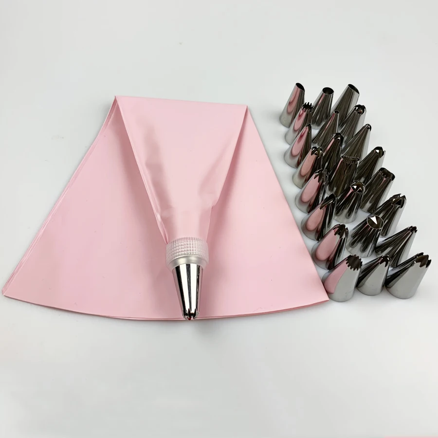 

Hot 26Pcs/Set Silicone Pastry Bag Tips Kitchen DIY Icing Piping Cream Reusable Pastry Bags +24 Nozzle Set Cake Decorating Tools