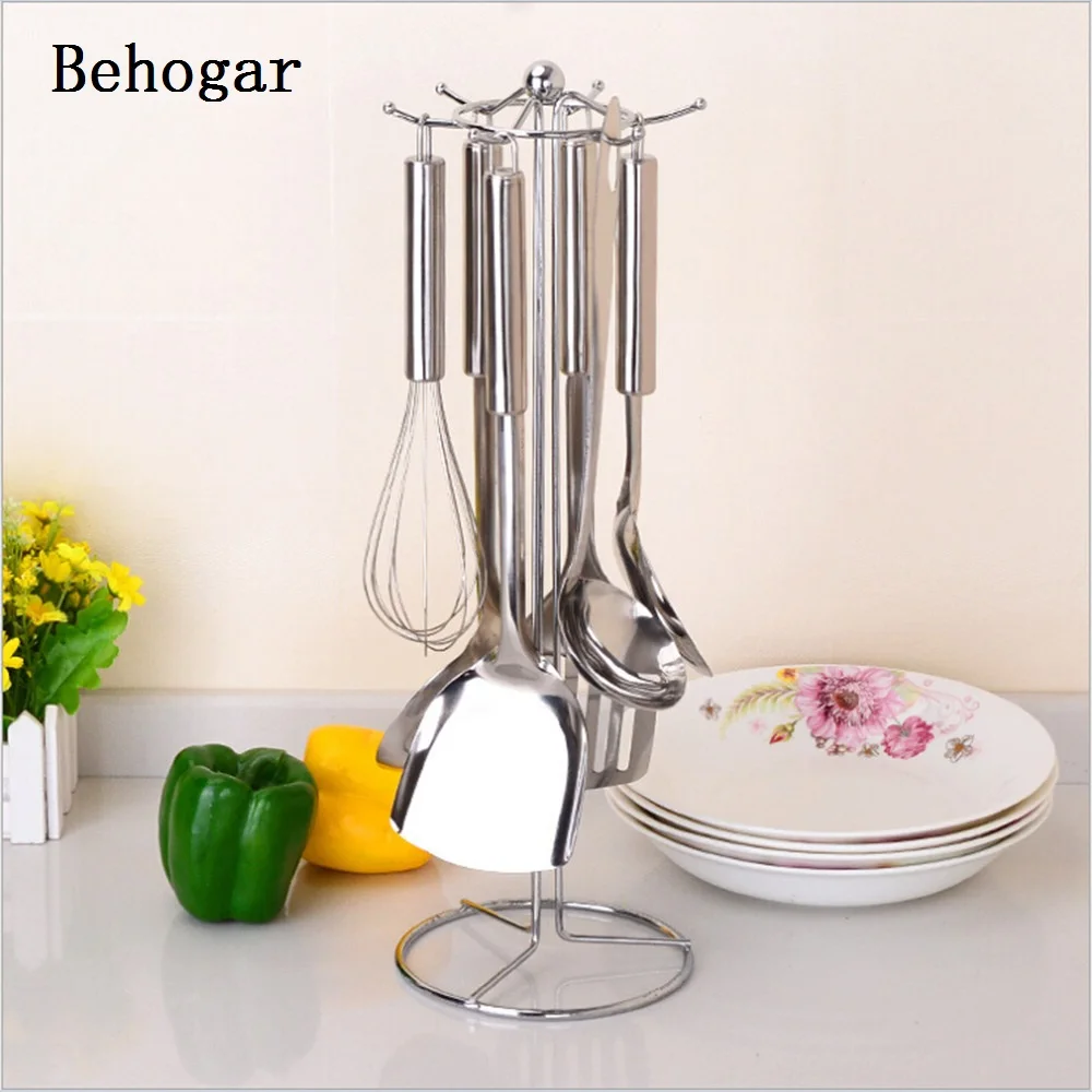 

Behogar 6-Hook Multi-functional Metal Plating Kitchen Spatula Spoon Turner Ladle Utensils Holder Stand Organizer Rack Shelf Set