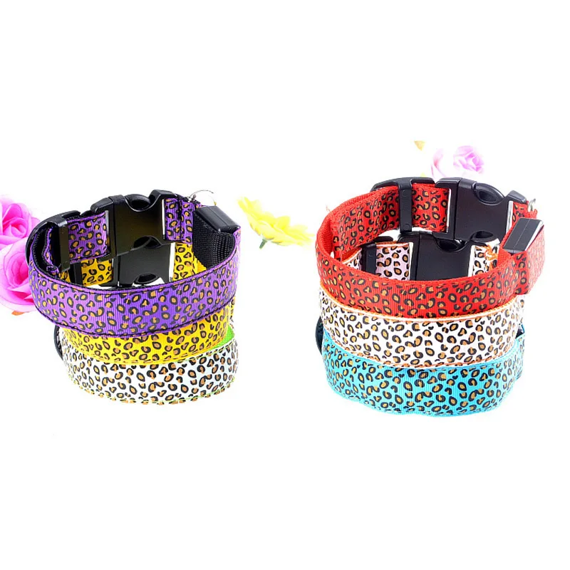Pet Products Leopard Design Dog Supplies Luminous Anti-Lost Night Safety Flashing Glow Collars Nylon LED Dog Collar