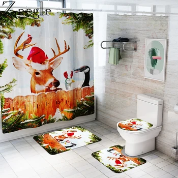 

Animal Bathroom Decoration Shower Washable Curtain Bath Mat Set Absorbent Toilet Pedestal Rug Anti-slip Toilet Cover Seat Mat