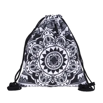 

New Fashion Women MANDALA BLACK Drawstring Backpack 3D Printing Travel Softback Women Mochila Drawstring Bags