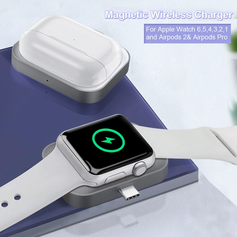 2 in 1 Magnetic Wireless Charger for Apple Watch iWatch Series Portable USB C Charging Dock for Airpods Air Pods Pro 2 Charger