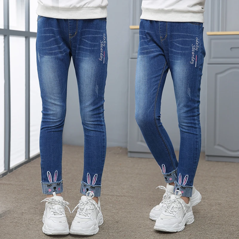 

Cute Girls Jeans Casual Cartoon Rabbit Long Pants New Fashion Girls Clothes Slim Denim Pants Kids Outfits Vestidos