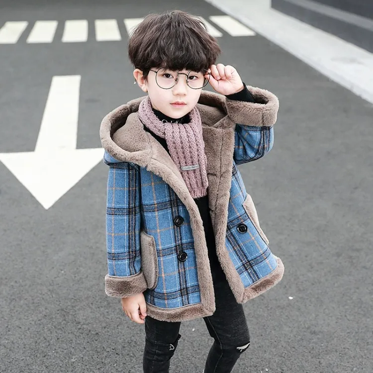 Korean Boy Winter Coat England Grid Hooded Children's Outerwear Kids Wool Coats 10 Years Old Jacket For Boy Thick Kids Cardigan