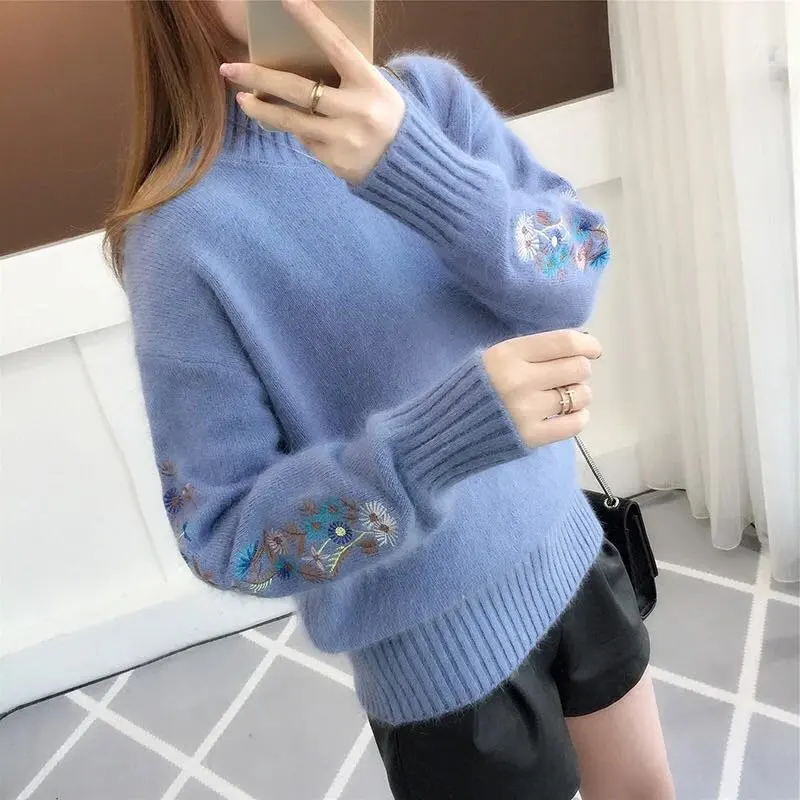 RealShe Autumn Sweater Women 2019 Turtleneck Full Sleeve Embroidery Thick Cashmere Sweater Women Elegant Fall Sweaters For Women