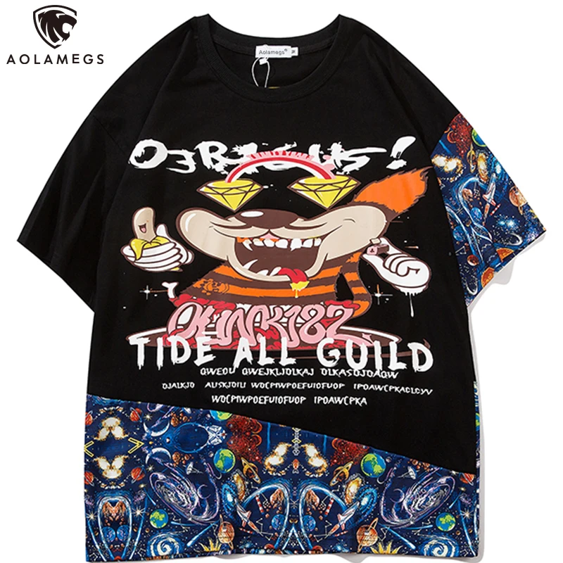 

Aolamegs Men's T Shirt Colorful Planet Print Patchwork Short Sleeve T Shirt Men Funny Picture Hip Hop Hipster Streetwear Summer