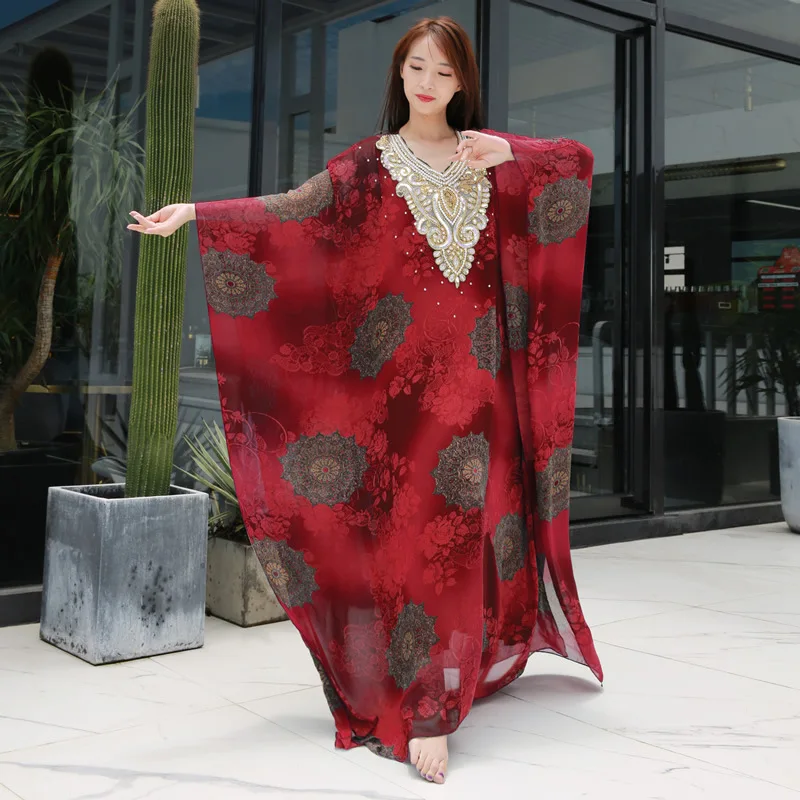 Женская одежда для танца живота кафтан платье шифон галстук-окрашенный узор халеги платье абайя, кафтан платье галабея - Цвет: Красный