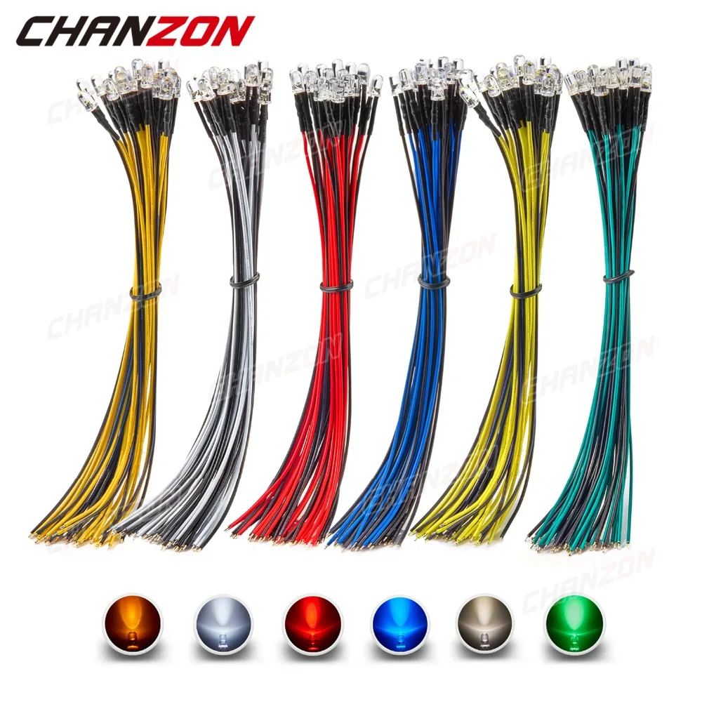 Description Picture 2 of item120pcs 5mm Prewired 12V LED Diode Kit Light Beads Warm White Red Green Blue Yellow Pre Wired Emitting Wire Lamp Set Assortment