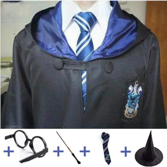 Robe Cape Cloak With Tie Scarf Wand Potter Glasses Ravenclaw Gryffindor Hufflepuff Slytherin Costume Adult Potter Cosplay - Цвет: Ravenclaw full Set 4